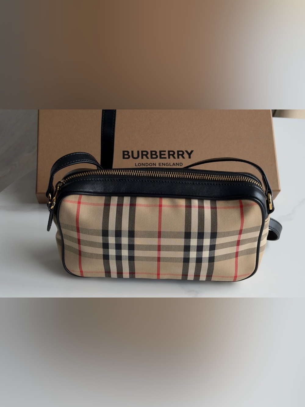 Authentic Burberry Vintage Check Cotton Camera Bag Brown